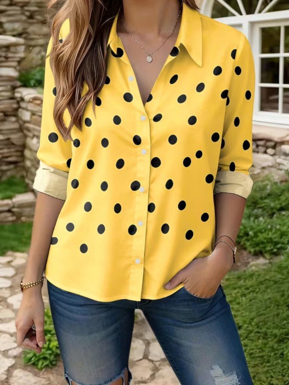 NWT Yellow Polka Dot Long Sleeve Button Down Blouse Top 14